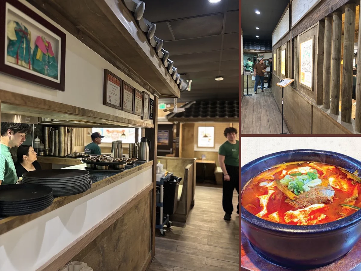 Shared dishes with rice and soup, Korean-style.
