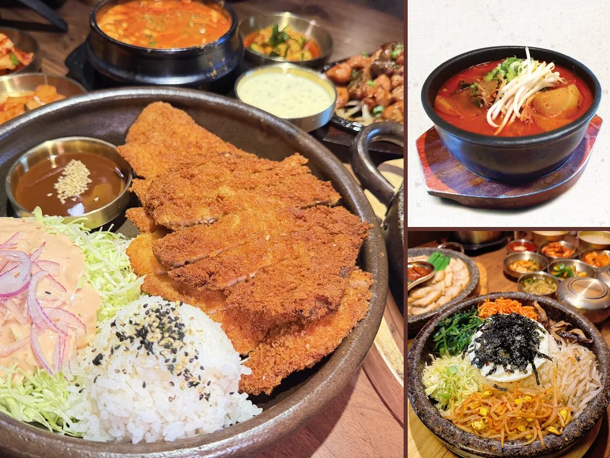 Shared dishes with rice and soup, Korean-style.