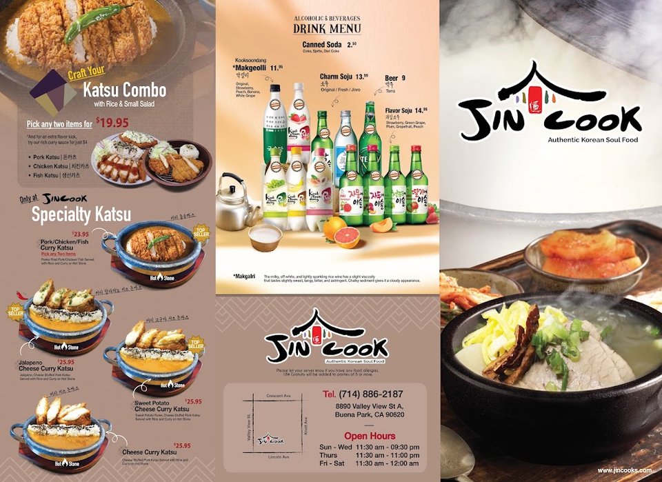 Menu board featuring Korean soups and rice bowls.