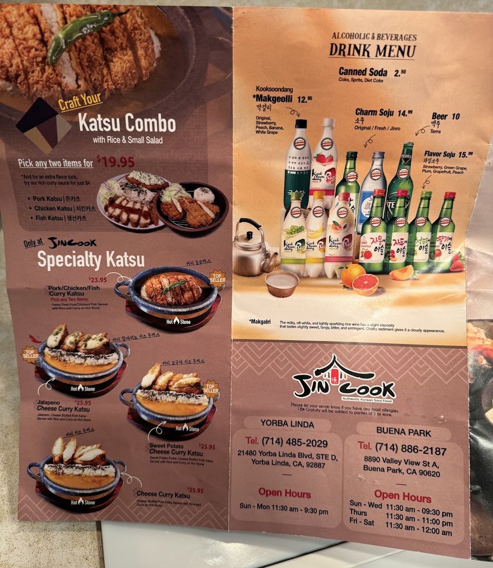 Printed menu with Korean comfort food selections.